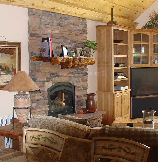 The Fieldstone Fireplace shown above is from the Mountain Pine Model